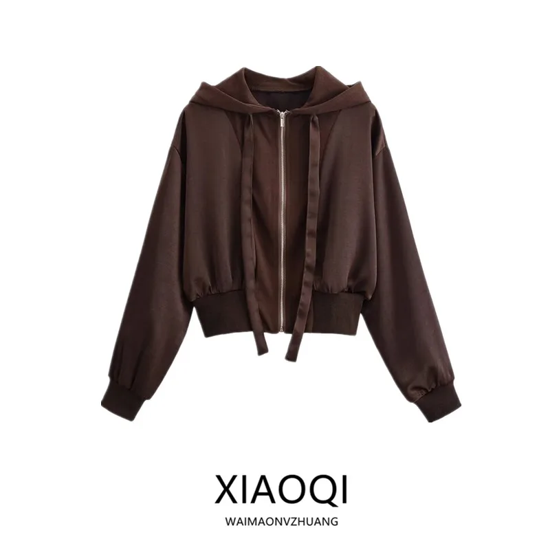 

Winter 2025 Women's Long Sleeve Hooded Shirt Design Sense Splicing Quality Feeling High Waist Short Length Zipper Craft