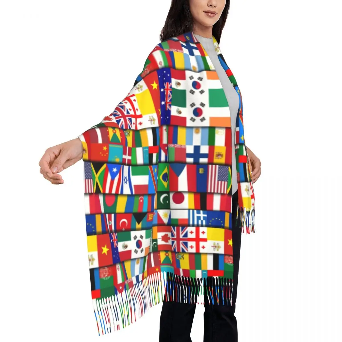 Ladies Large 60 Flags Of The Countries Of The World Scarves Women Winter Fall Soft Warm Tassel Shawl Wrap International Scarf