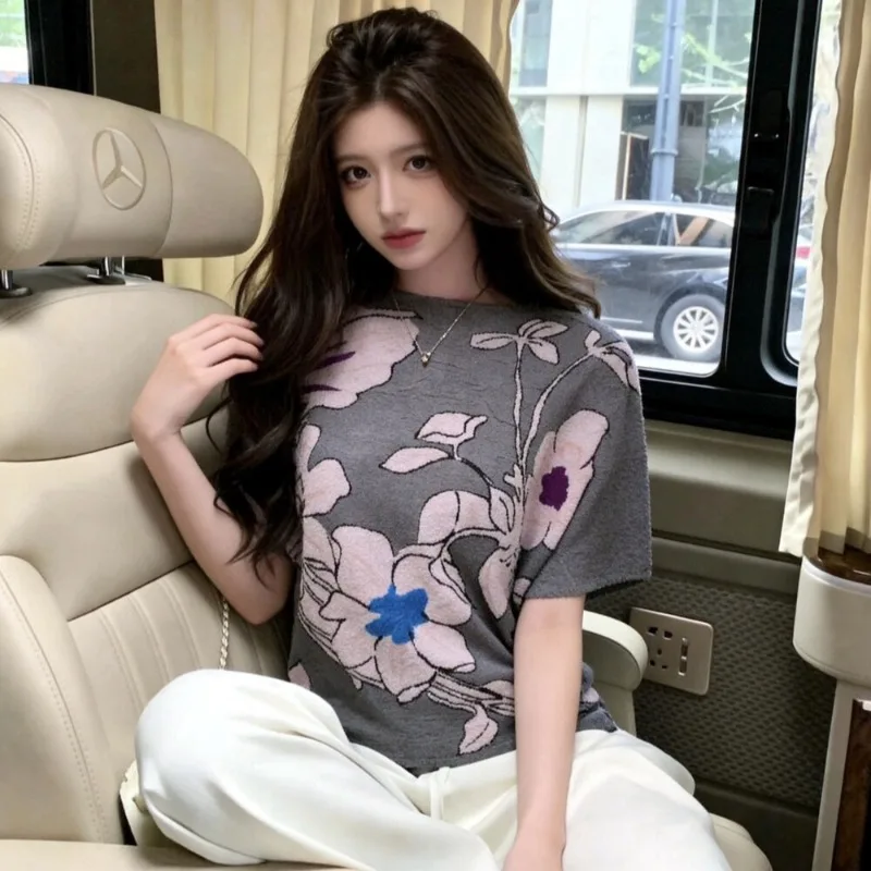 Miyake Pleated 2026 Summer New Printed Pleated Top Elegant Commuter Round Neck Short Sleeve T-Shirt Women's Short Sleeve T-Shirt