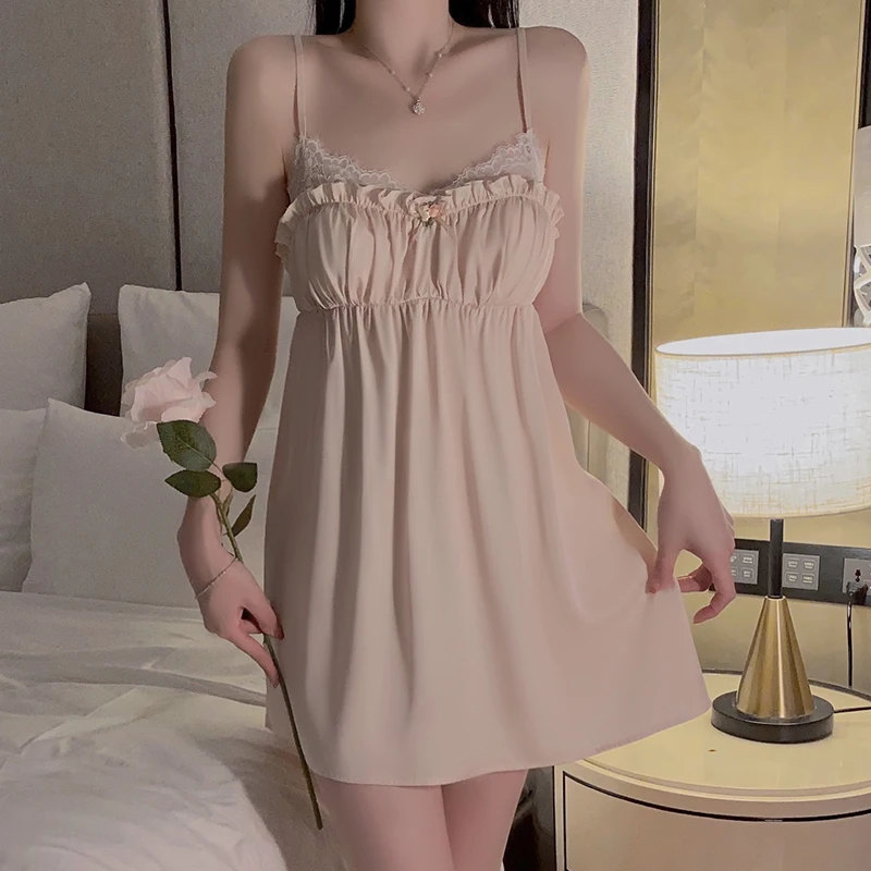 

REBEYULI Brand 2026 Lovely Nightgowns Women Sleeping Dress Sets with Bra Cups Lace Patchwrok Soft Cute Women's Sleepwear