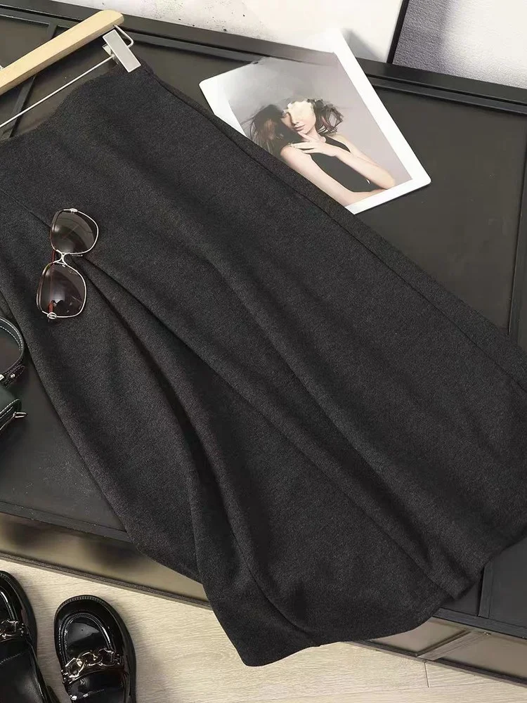 Ele Commuter Acetaat Wol Hoge Taille A-lijn Rok Vrouwen Herfst Winter Lange Rok Ci Woon-werkverkeer Geplooide Rokken