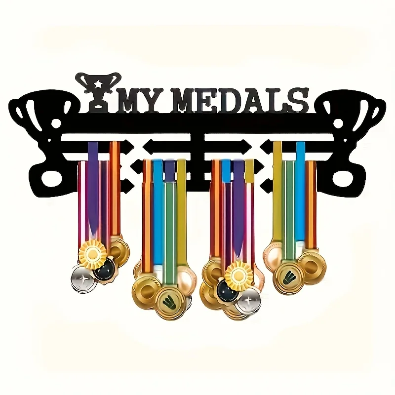 Wall-Mounted Trophy Display Rack - High-Quality Metal Structure with Adjustable Hooks and Ribbon Holders, Suitable for Awards, Sports, Academic Honors, and Competitions - Easy to Install, Space-Saving Design, Stylish Cup-Shaped Trophy Holder