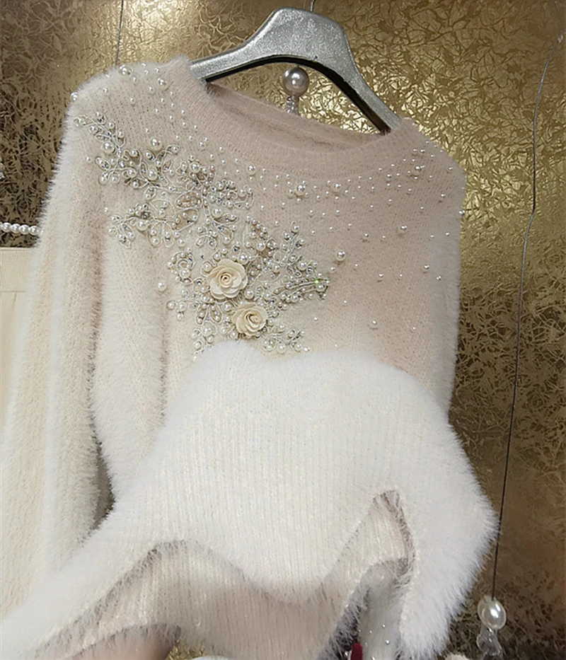 Luxury Style Sparking 3D Floral Embroidery Diamonds Beaded Mohair Short Sweater Faux Fur Knitted Pullovers Mink Cashmere Top