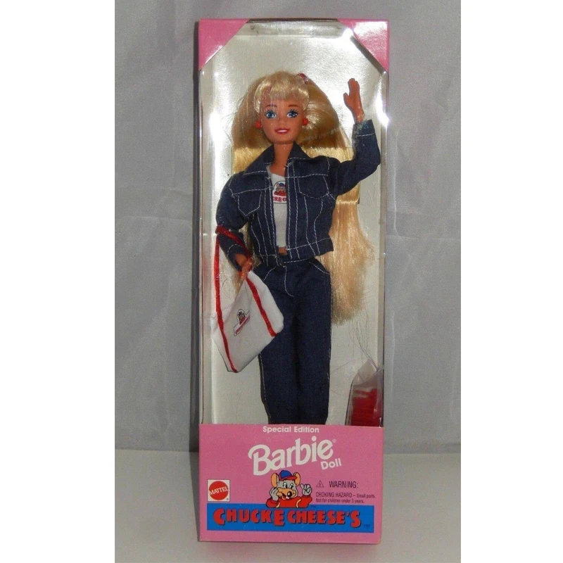 Muñeca Barbie Original Chuck E Cheese 1995, conjunto de chaqueta y pantalones vaqueros informales con pelo largo dorado, accesorios para bolsos, juguetes, edición especial