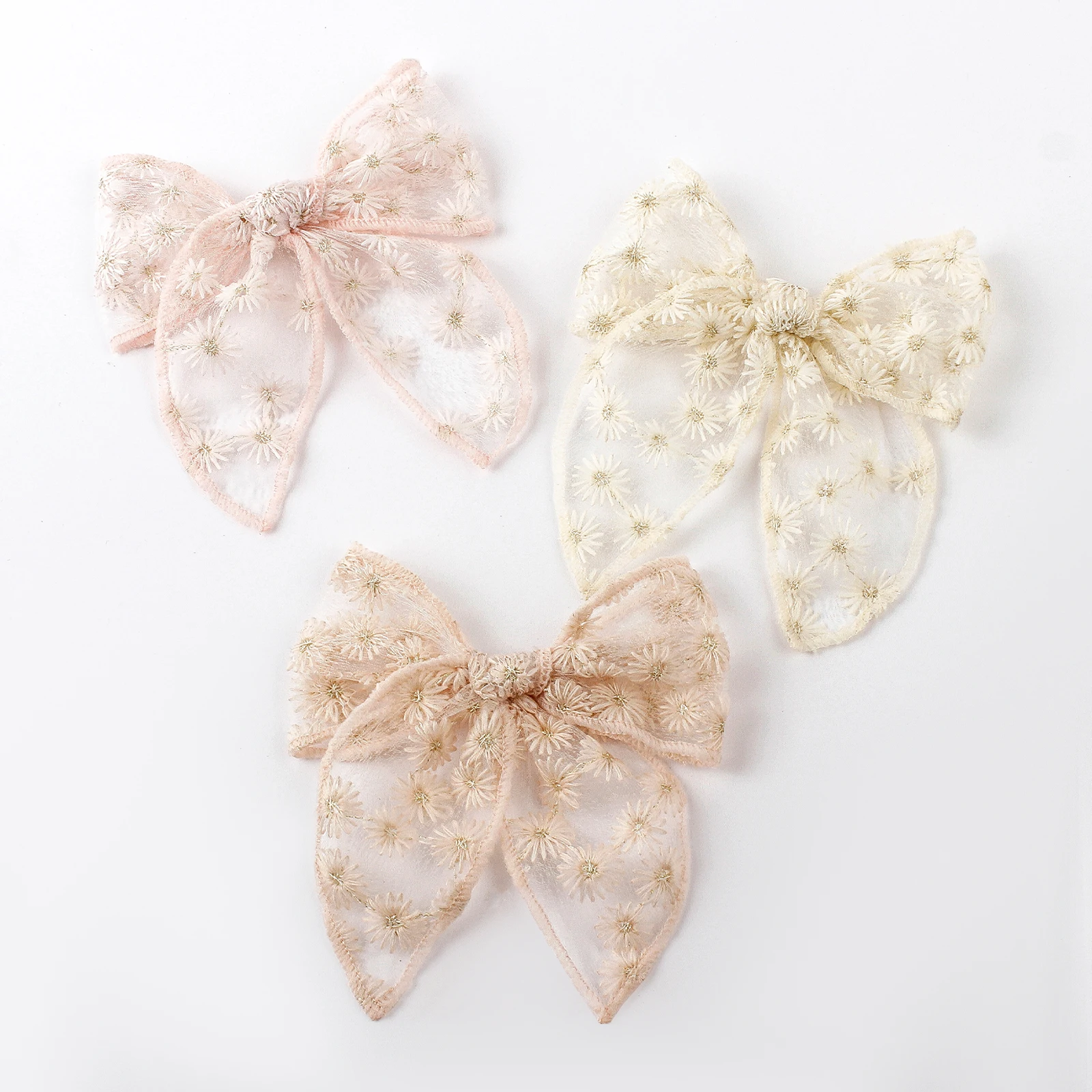 3pcs Kids Flower Embroidery Lace Bow Hair Clips Solid Color Elegant Ponytail Decor Hair Accessoreis For Girls