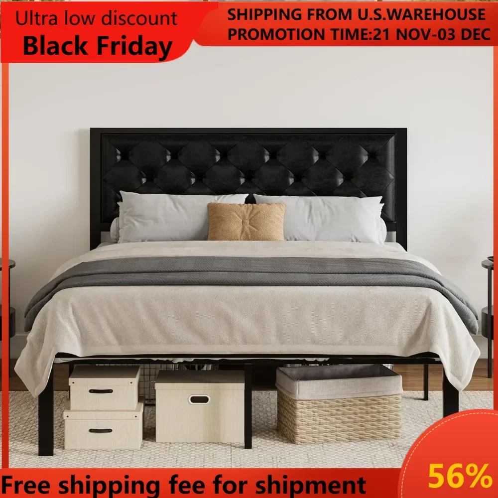 

Full Size Bed Frame,Metal Platform Bed with Faux Leather Upholstered Button Tufted Headboard,Mattress Foundation with12.4Storage