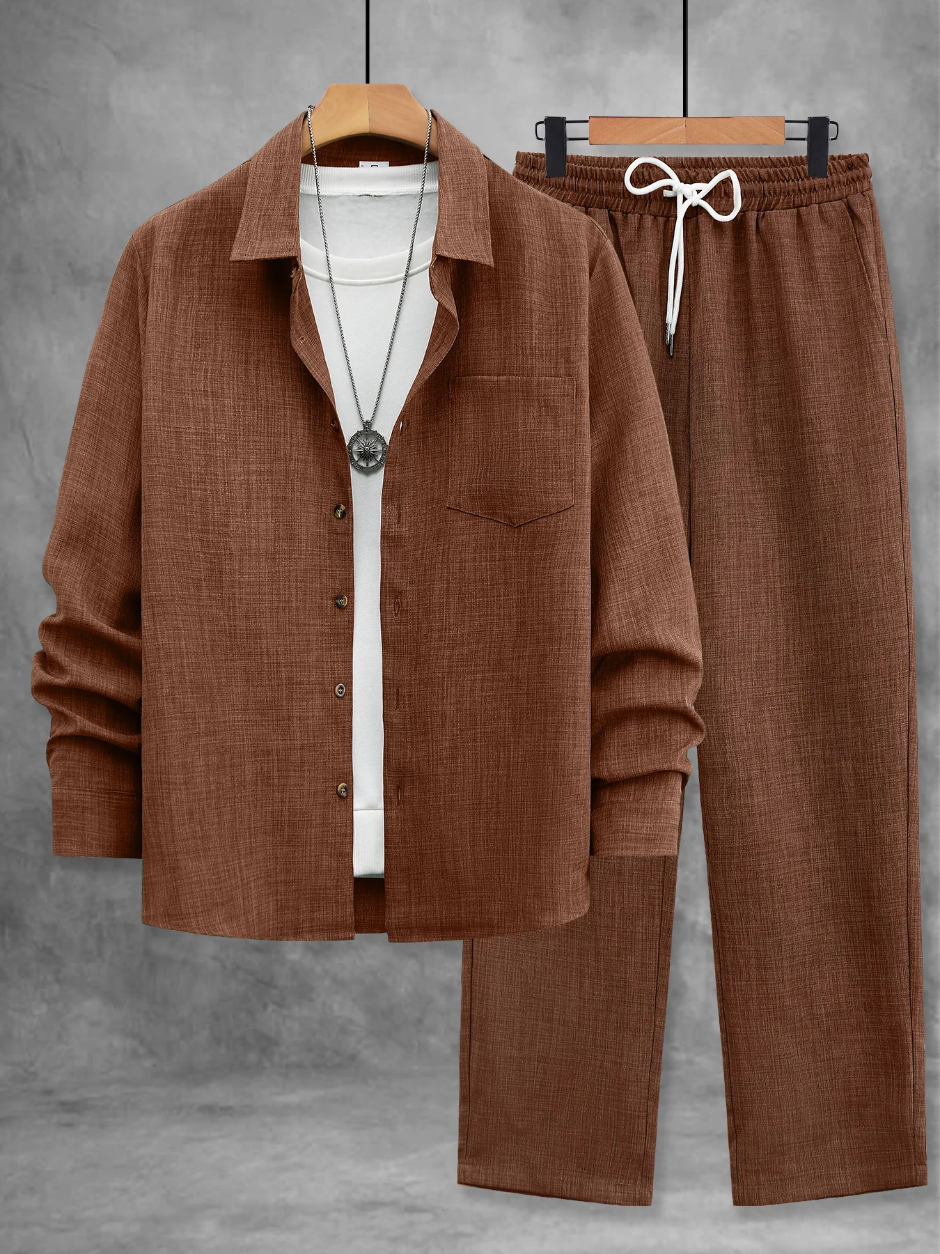 Spring and Autumn Men's Retro Color Long-Sleeve Two-Piece Set, Caramel-Colored Textured Lapel Shirt, Elastic Drawstring Wide-Leg Pants Casual Outfit Set
