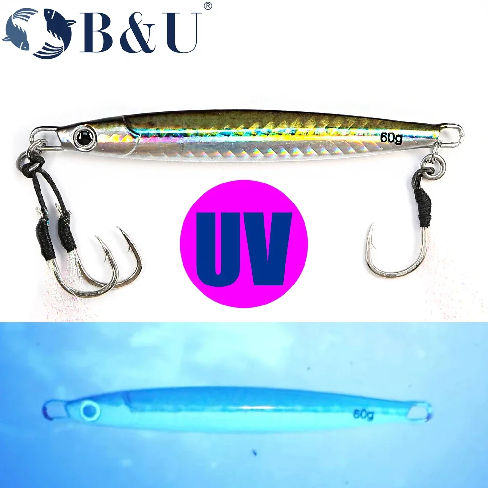 B&U Shore Casting Jigging 3D Printing Metal Cast Jig Spoon Rattle UV Fish Sea Bass Saltwater Fishing Lure Artificial Bait Tackle