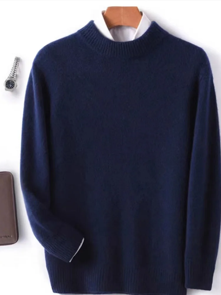 Choice 100% Merino Wool Mock-neck Pullover Autumn Winter Men's Solid Knit Sweater Long Sleeve Pure Wool Casual Thick Tops