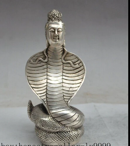 

decoration bronze factory outlets Tibet Silver 7"china chinese folk silver snake god flower Kwan-Yin Bodhisattva goddess statue