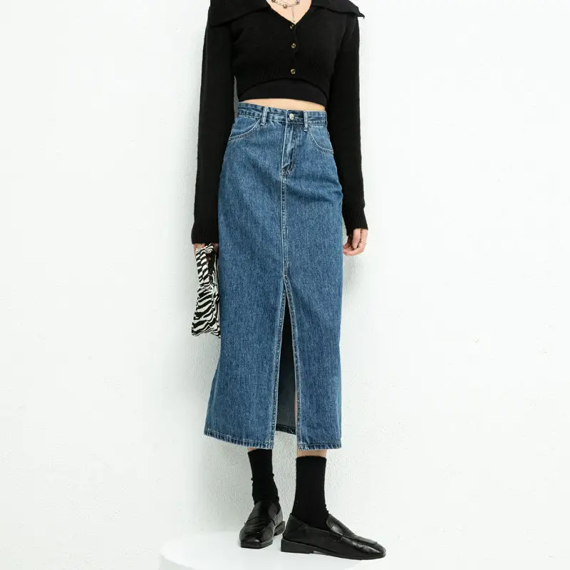 

Split Denim Skirt Women High Waist Loose A-Line Skirt Washed Solid Hip Medi Vintage Casual Korean Blue Skirts Spring Mid Skirts