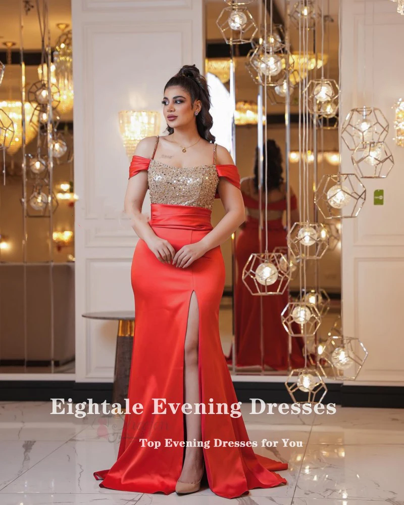 Eigtale-Vestidos de Noche rojos para fiesta de boda, satén, tirantes finos, lentejuelas, sirena, celebridad, largos, baile de graduación árabe, 2022