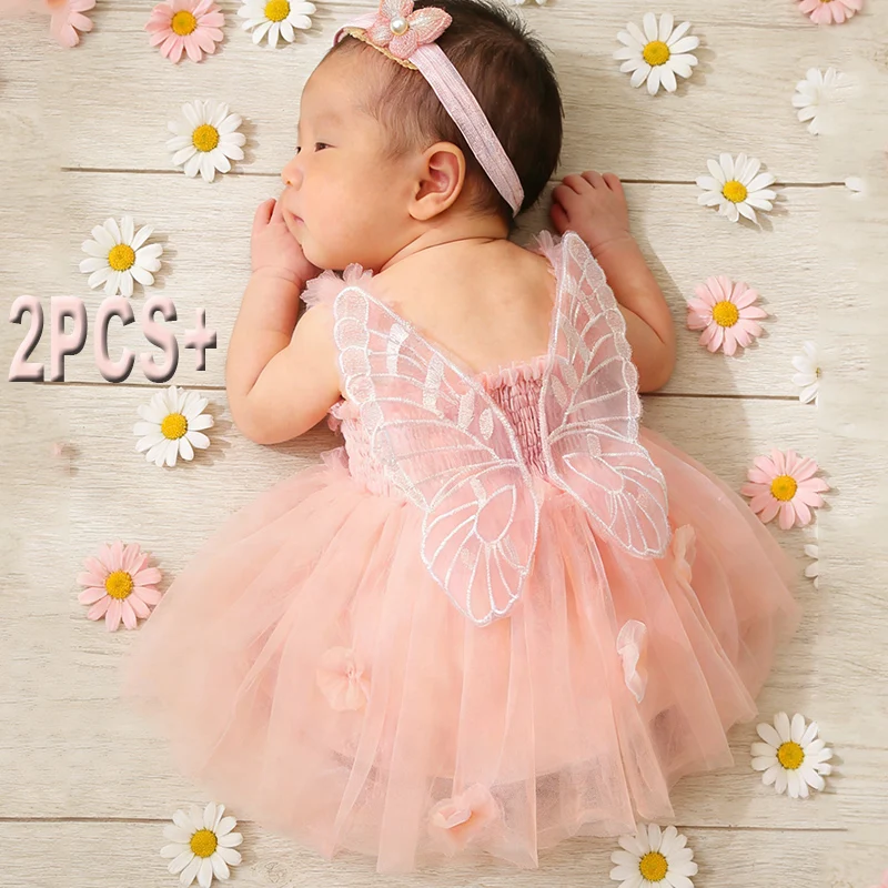 

2Pcs Newborn Photography Suspender Dress Baby Girl Solid Color Butterfly Wing Gauze Dress Children Birthday Party Dress Gift-HD