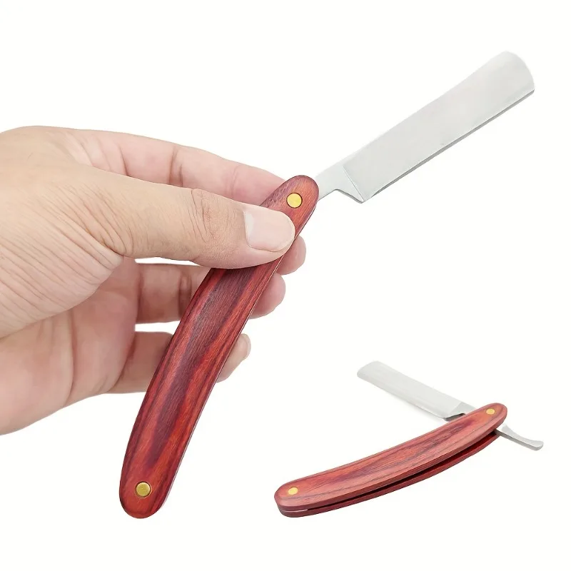 1pc Vintage Wood Handle Straight Edge Stainless Steel Barber Razor Folding Shaving Knife