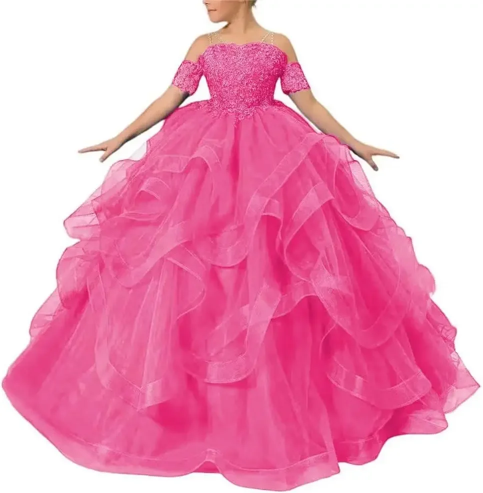 

Princess 2026 Flower Girls Laces Embroidered Pageant Dresses for Kids Plus Size Layered Tulle First Communion Gowns for Children
