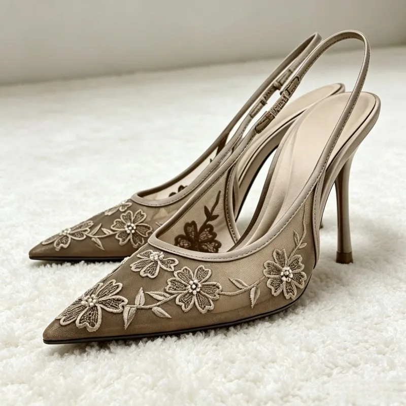 Handmade Embroidered Flower String Bead Slingback Heels Women Sexy Mesh Pointed-toe Stiletto Sandals Elegant Evening Dress Shoes