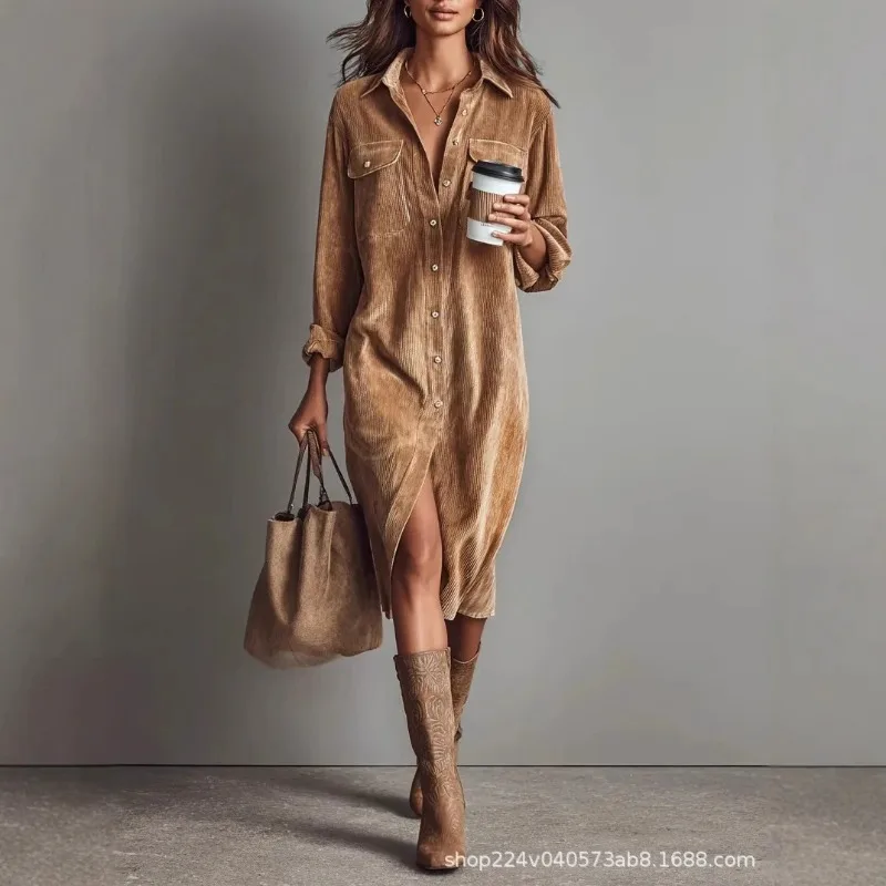 

Women's Autumn Spring Dresses Shirt Dresses Workwear Style Cardigans Pockets Buttons Corduroy New Comfort Casual Niche Versatile