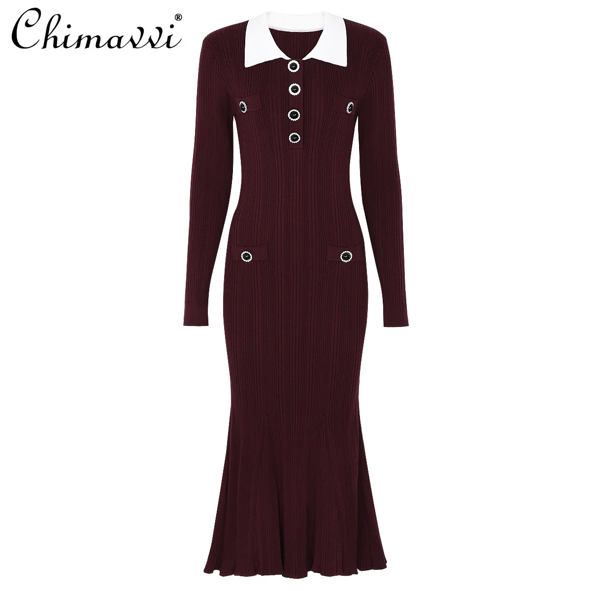Autumn Winter New Fashion Turn-Down Collar Slim Fit Mermaid Dress High-End Long Sleeve Elegant Long Women's Knitted Dress