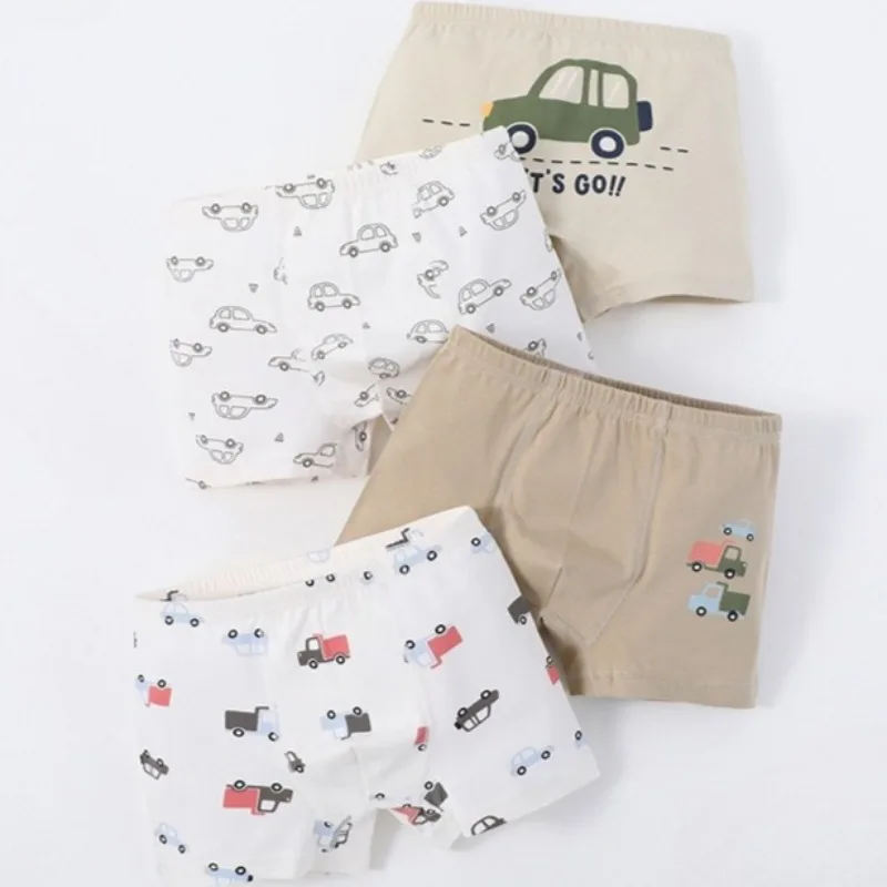 

4 шт., хлопковые мягкие антибактериальные трусики для мальчиков от 3 лет, милое нижнее белье с мультяшным принтом автомобиля, детские дышащие удобные трусики