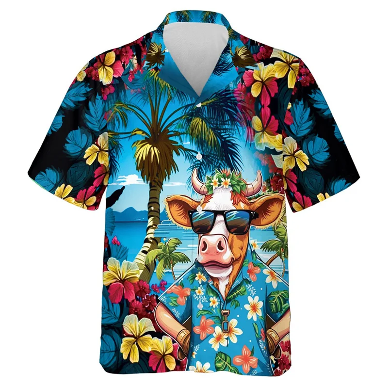 Lustige Tierkuh grafiken Hawaii hemden Sommer mode Kurzarm blumen 3d gedruckte Hemden Trend Strand urlaub lose Bluse