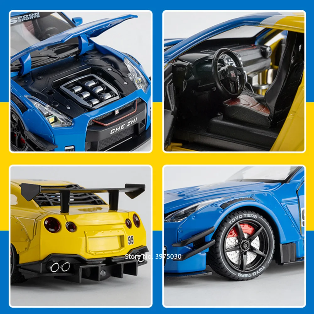 1:24 Alloy Diecast Nissan GTR Cars Models Toys Pull Back Miniature Sports Car Light Sound Can Spray Vehicles Boys Birthday Gifts