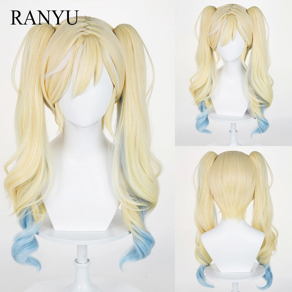 

Блондинка с омбре, сине-белые блики, короткие синтетические парики, длинный двойной зажим для хвоста, аниме-игра, косплей, пушистый парик для повседневной вечеринки