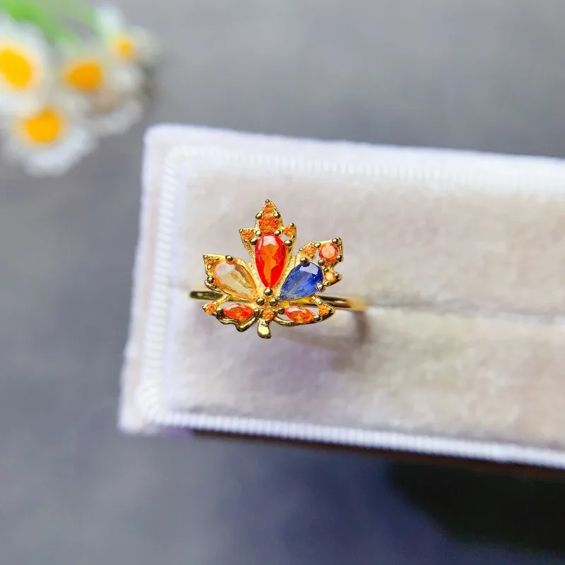 

Silver 925 Maple Leaves Deign and Natural Spphire Ring for Women Daily Wear 3x5mm Fine Jewelry