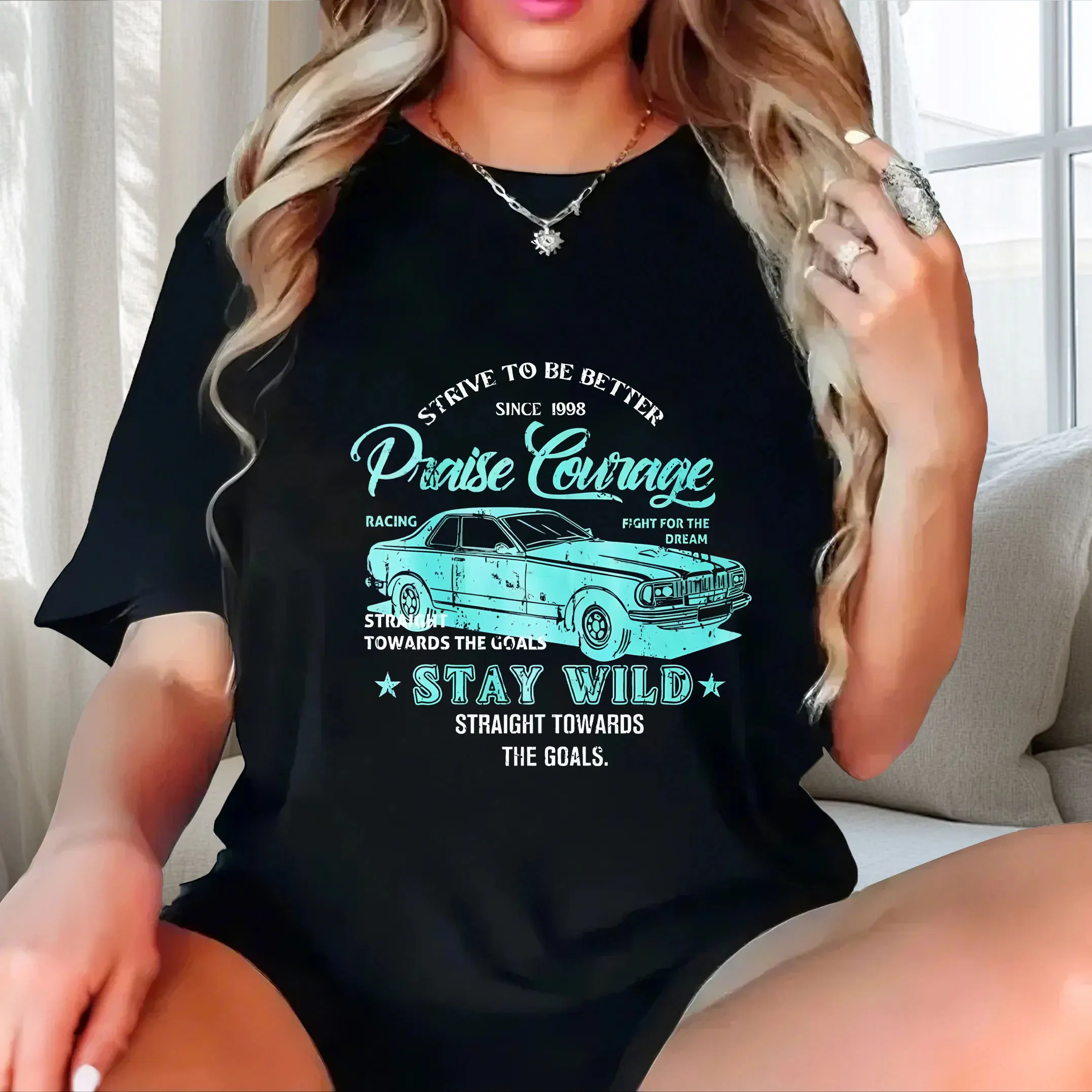 

Fashionable and personalized English car printing plus size Ladies' casual short sleeved T-shirt black