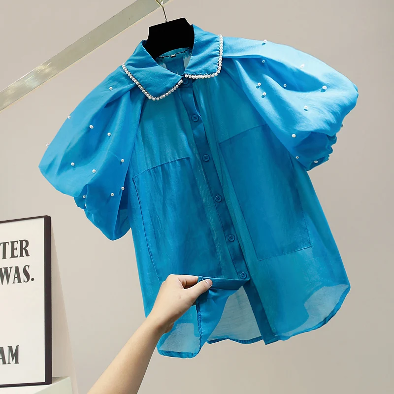 

Faionable Heavy Embellied See-tough irt Design with Bubble Sves in Ogees Fabric Casual Versatile Age-defng Top f...