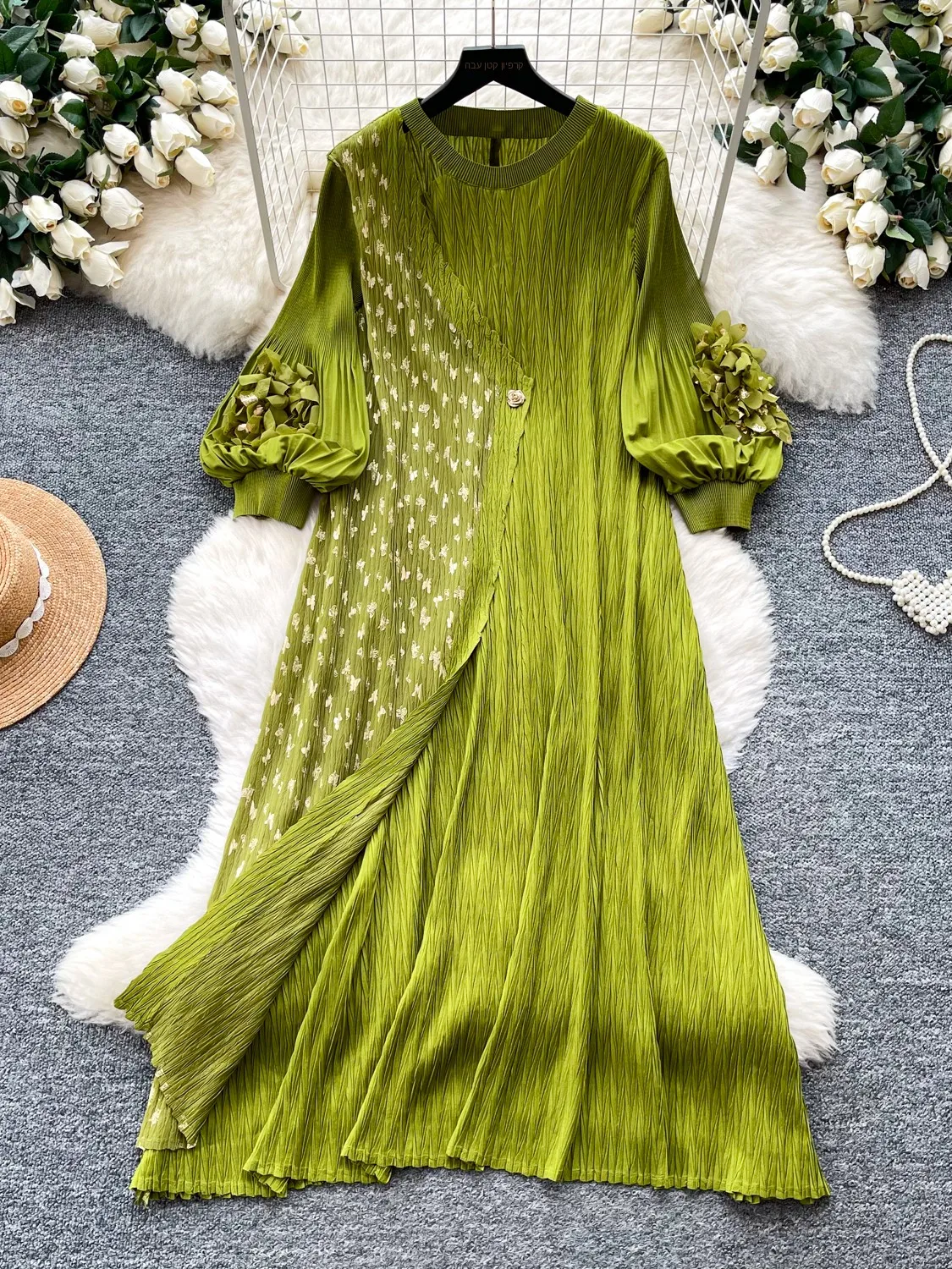 

Элегантное зеленое платье в корейском стиле с цветочным тиснением, длинное, А-силуэта, для повседневной носки, женское, летнее, с рукавами-фонариками, с завышенной талией, стройнящее