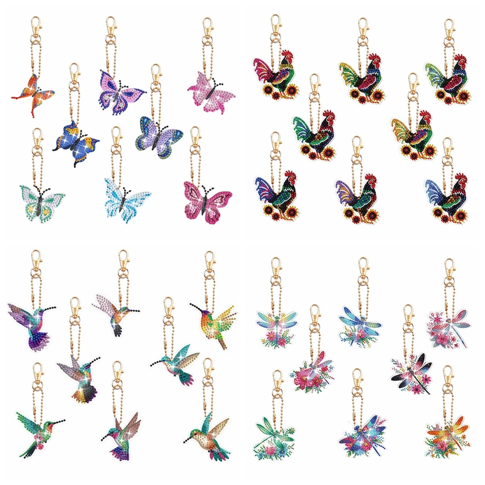 8pcs/set DIY Dragonfly Diamond Art Keychains for Adutls Diamond Art Butterfly Keychains Birds Diamond Painting Keychains Kits