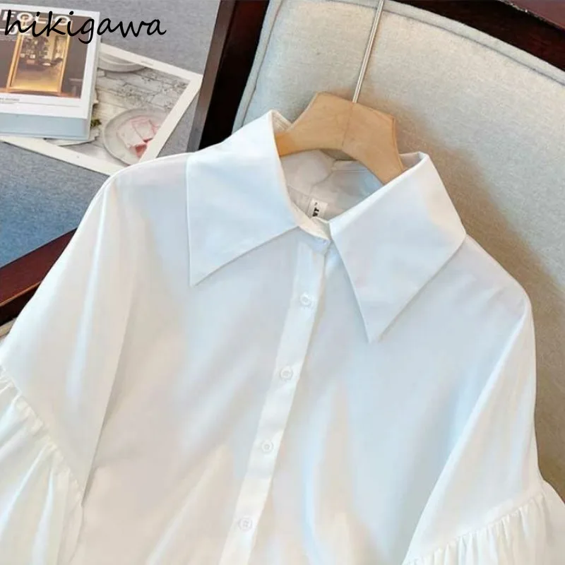 2024 Camisas De Mujer Chiffon White Blouse for Women Loose Vintage Korean Shirts Single Breasted Lantern Sleeve Summer Tops