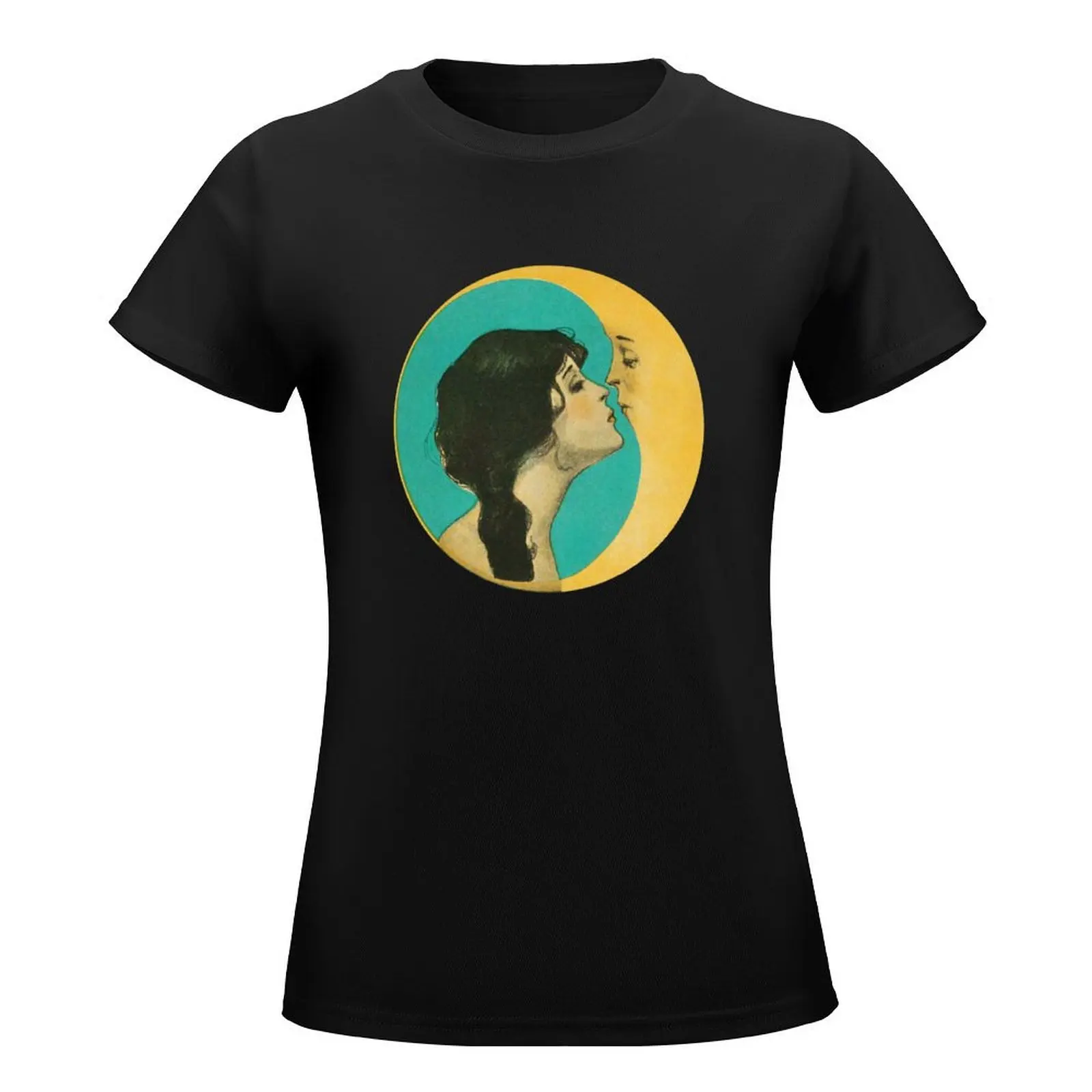 Girl Kissing the Moon. Antique moon face. Vintage Lunar gift, Art nouveau poster T-Shirt oversized funny t shirts for Women