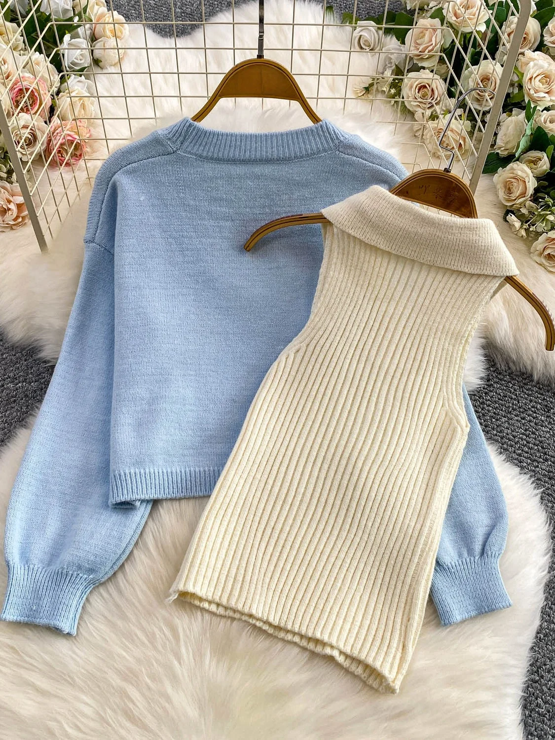 Koreanisches Sle ort rundes Ne-Strickpullover-Set, schmale Passform, elastisches blaues Top und Weste-Outfit, lässige Herbstkleidung für Teenager