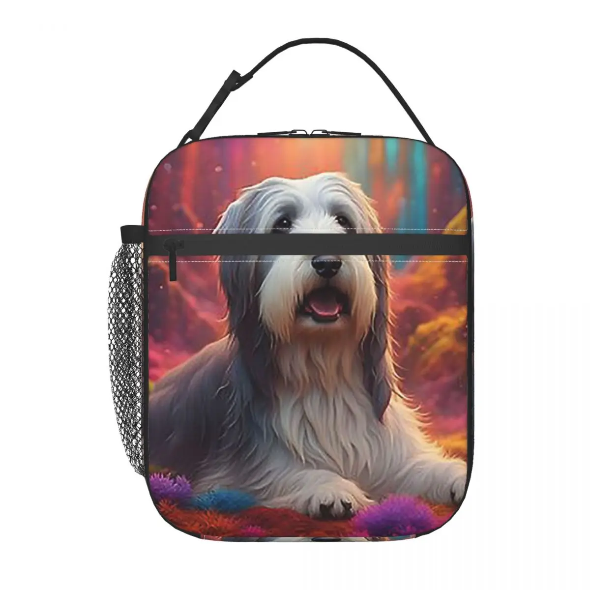 

Бородатая собака-колли в красочной изолированной сумке для обеда с природой для женщин и детей, портативные коробки для еды, термосумка для обеда