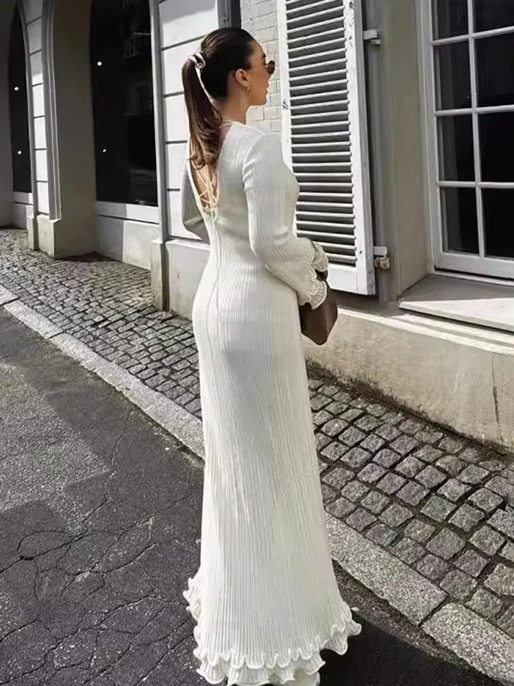 TARUXY Solide Langarm Schlank Maxi Pilz Kleid Für Frauen Backless Elegante Lange Kleid Club Party Kleidung Herbst Winter 2025, Neue