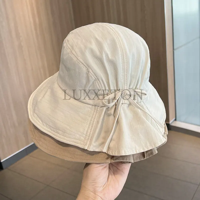 Women Fisherman Hat Large Brim Foldable Solid Color Sun Protection Pleated Anti-UV Round Retractable Brim Women Beach Hat Headwe