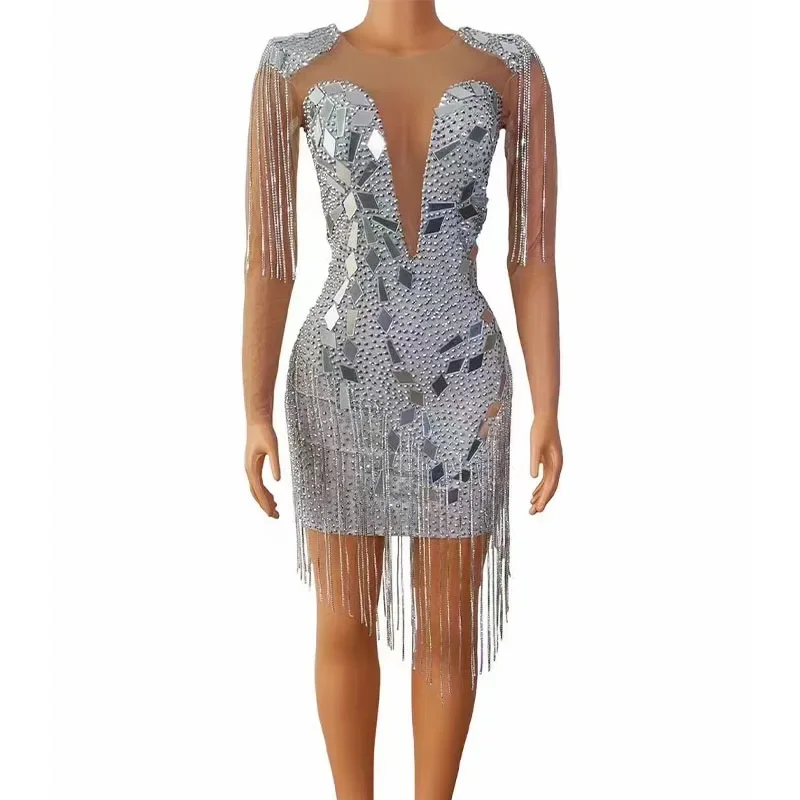 Vestido de cumpleaños con espejos, traje de escenario, cadenas de cristales, vestido de malla transparente para fiesta, celebración, disfraz con flecos, club nocturno