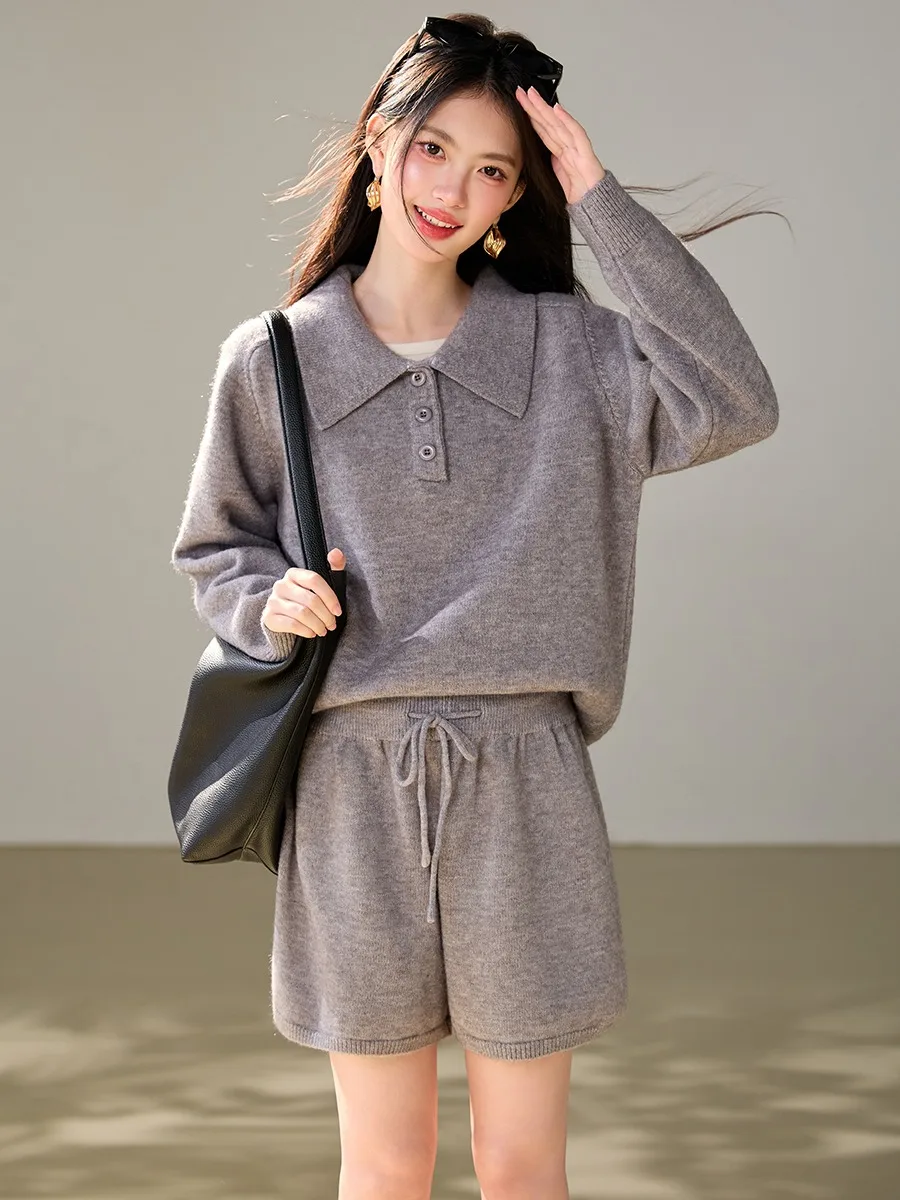 Korean Style  Collar Mixed Color Knitted Set Women's Loose Long Sleeve Top Drawstring Shorts Casual Two Piece Set