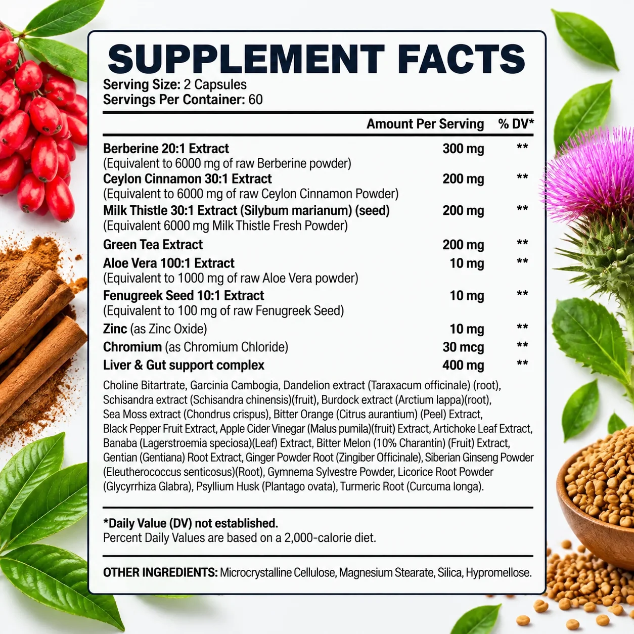 Berberine - With Ceylon Cinnamon, Milk Thistle, Supports Heart and Gastrointestinal Health, Weight Management, Increases Energy