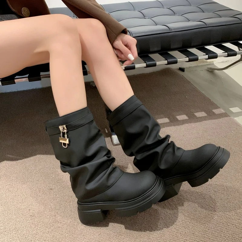 Med Heel Boots Shoes Round Toe Luxury Designer Boots-Women Elegant Lolita Autumn Rock Ladies Fashion Ankle 2023 Solid Slip-On L