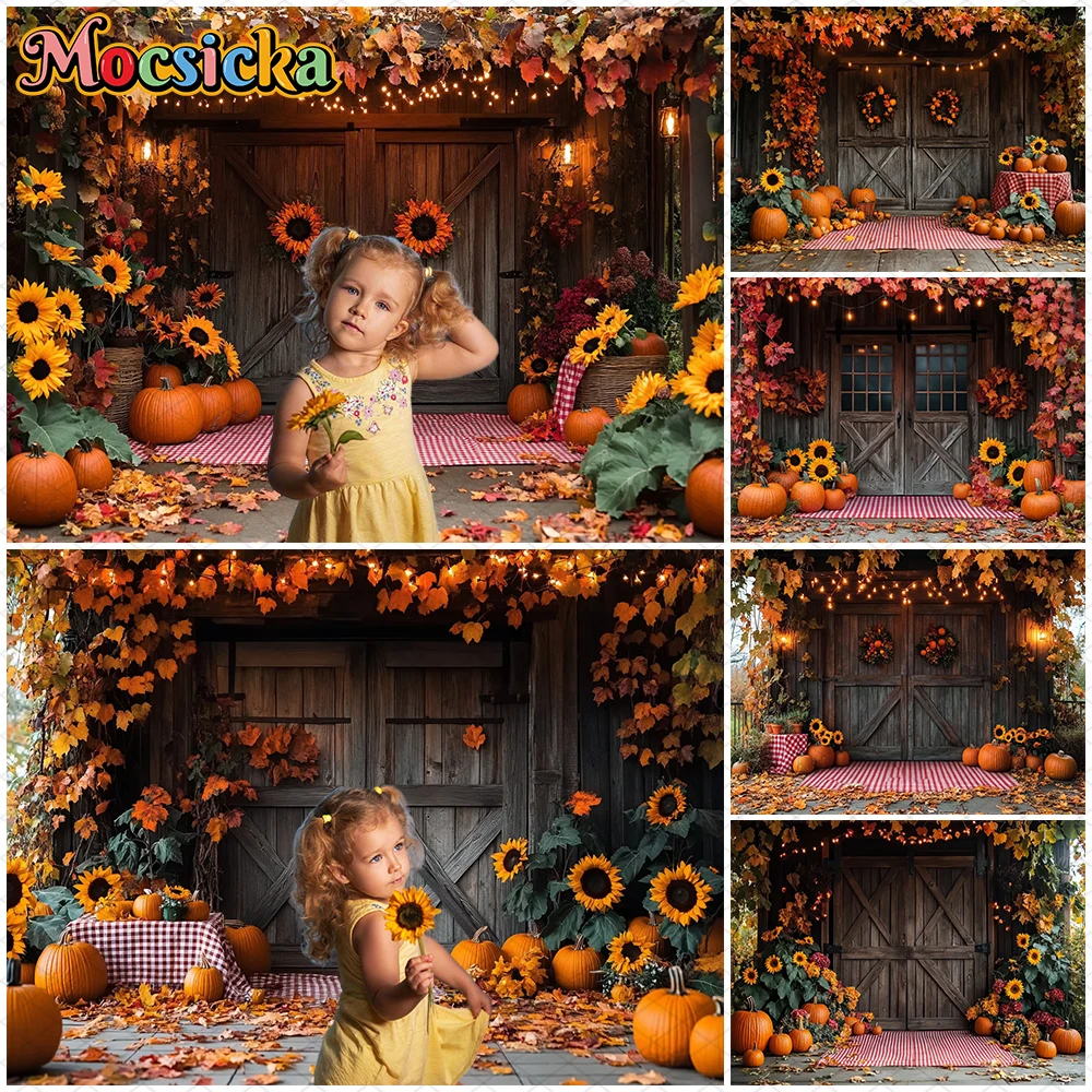

Mocsicka Autumn Wood Door Backdrop Pumpkin Party Kid Photo Background Yellow Maple Leaf Sunflower Pumpkin Decor Banner Photocall