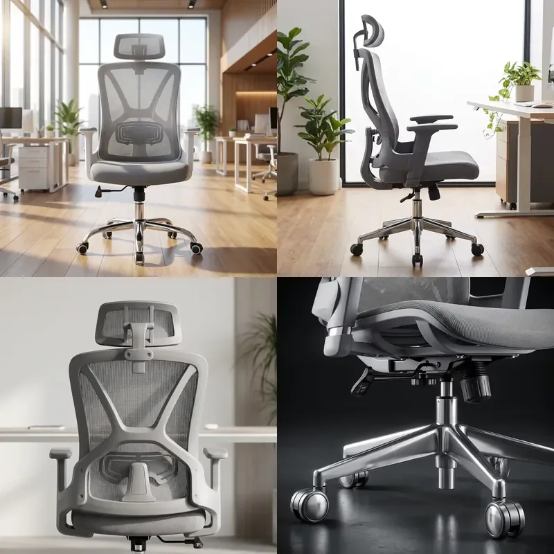 Ergonomic Grey Mesh Office Chair Adjustable Headrest Polished Chrome Base Modern Workspace Computer Desk Seating Furniture