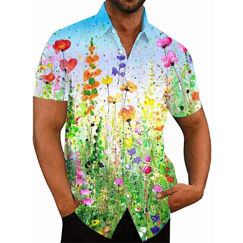 Camisa floral de manga curta masculina, casual na moda social, roupas havaianas diárias apertadas, padrão floral de luxo, Harajuku Y2k