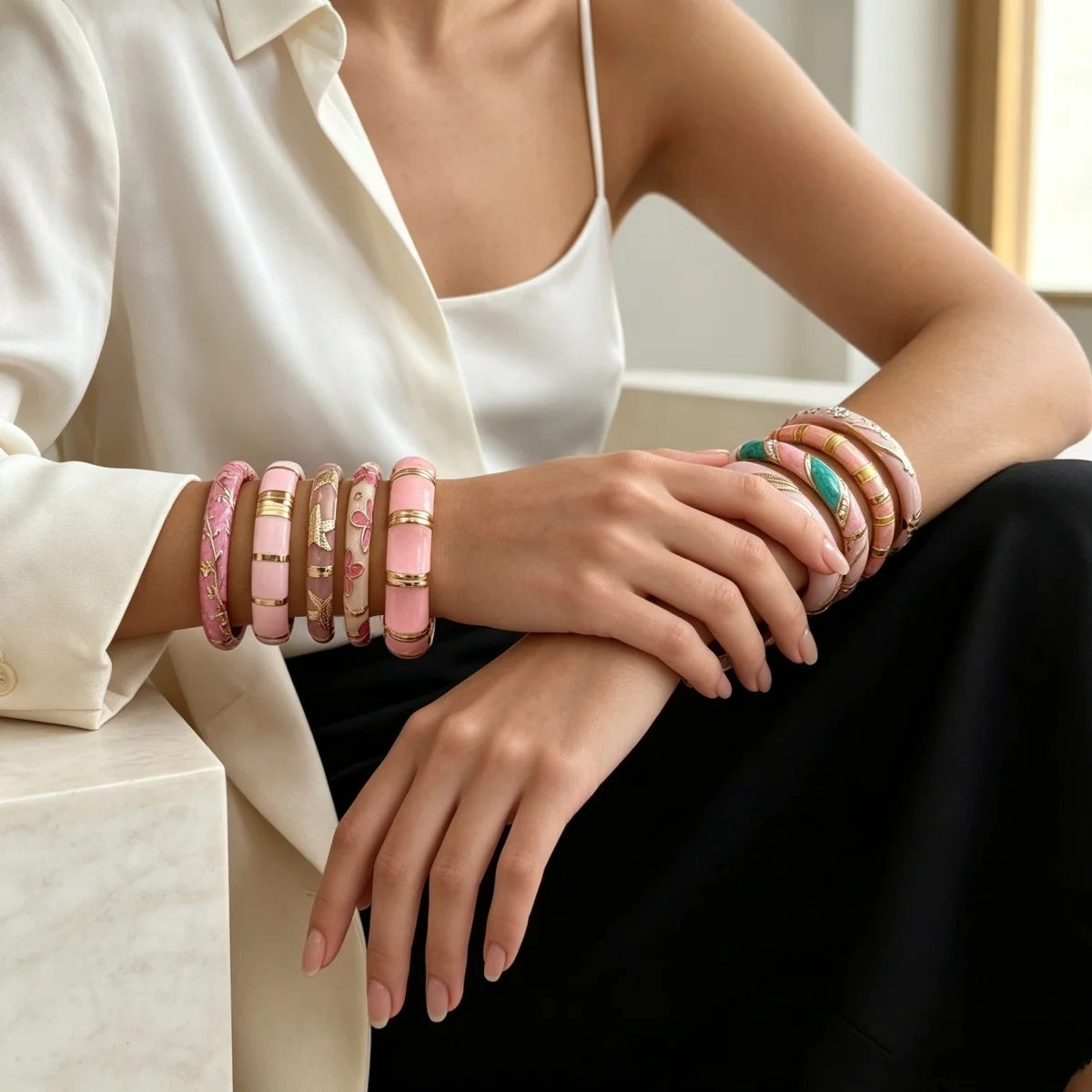 Vintage Pink-Serie Emaille-Manschettenarmbänder für Damen und Herren, Modisches Weichrosa Block-Muster mit Gedrehten Blättern, Blumen und Sternen, Armreif-Schmuck – Detail 10