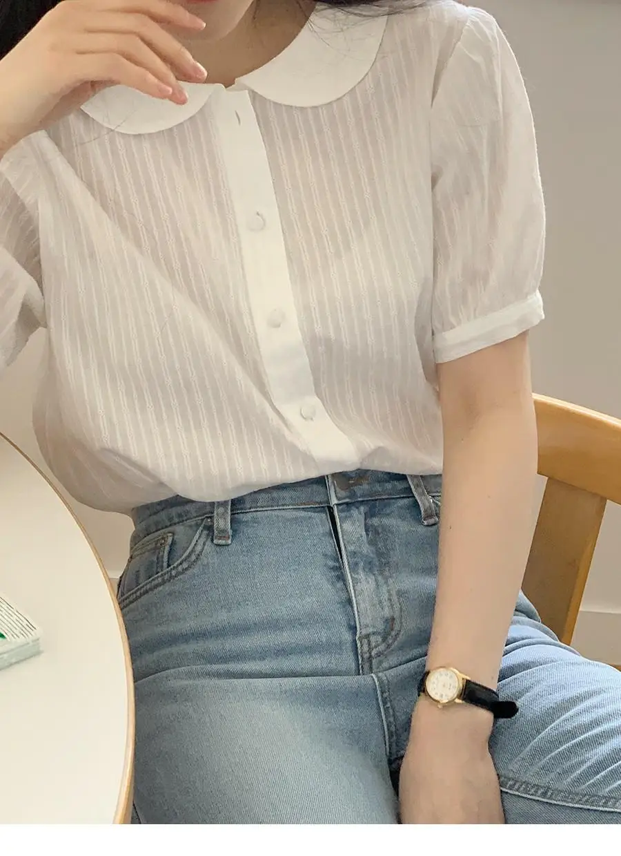 Chic Korea Cute Peter Pan Collar Tops Blusas Women Japan Girls Style Short Sleeve Vintage Single Breasted Button White Shirts