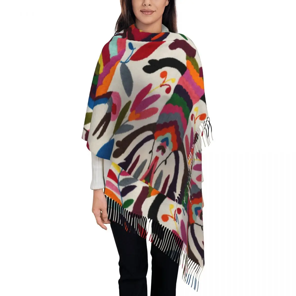 

Mexican Otomi Embroidery Scarf Wrap Women Long Winter Warm Tassel Shawl Unisex Traditional Floral Textile Scarves