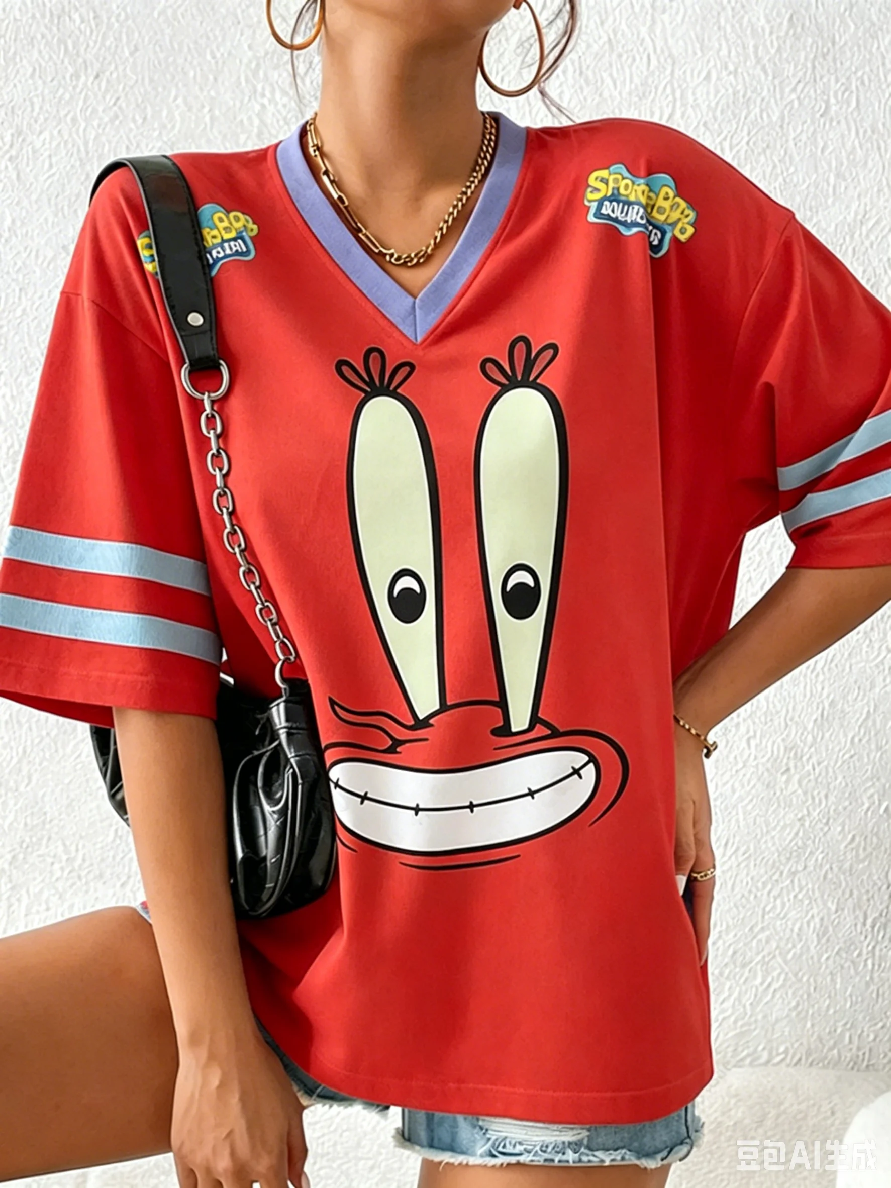 Trendiges SpongeBob Schwammkopf bedrucktes T-Shirt für Herren, Damen und Kinder, Eltern-Kind-Sommer-V-Ausschnitt Sport-Streetwear Y2K Top – Detail 7
