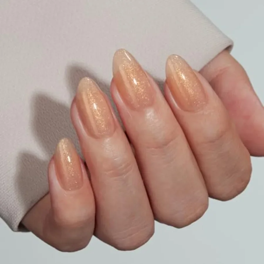 

Short Almond Shape Gold Nude Shimmer Sparkly Press On Nails for Daily Wear and Special Occasions Reusable Soft Gel Fake Nails w