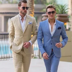 Traje de lino para hombre, esmoquin de dos piezas con solapa con muescas, ajustado, para novio, boda, playa, 2023